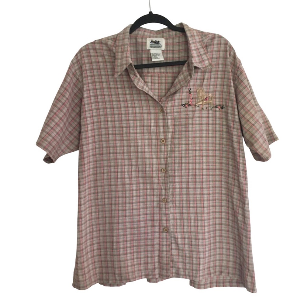 Vintage Womens Northern Reflections Cotton Embroidered Button Up Plaid Shirt XL